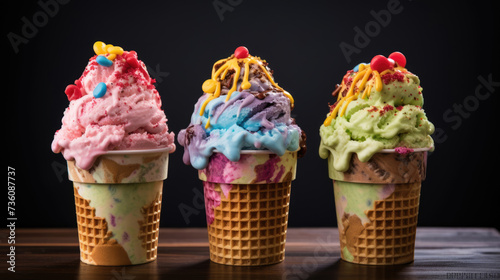 Ice cream in a waffle cup. Delicious and colorful ice cream served in waffle cup