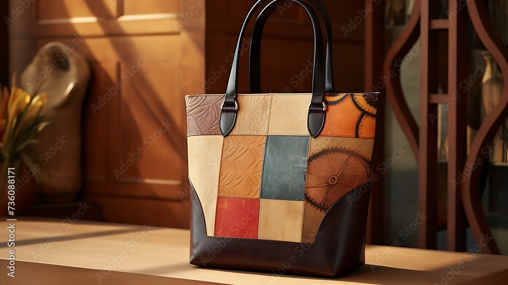 A retro-inspired patchwork tote bag for women, vintage craftsmanship, and a patchwork design, mockup, showcased against a matte clay surface - obrazy, fototapety, plakaty 