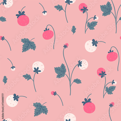 Wallpaper Mural Seamless pattern with strawberries growing in the garden in pink colors. Vector graphics. Torontodigital.ca