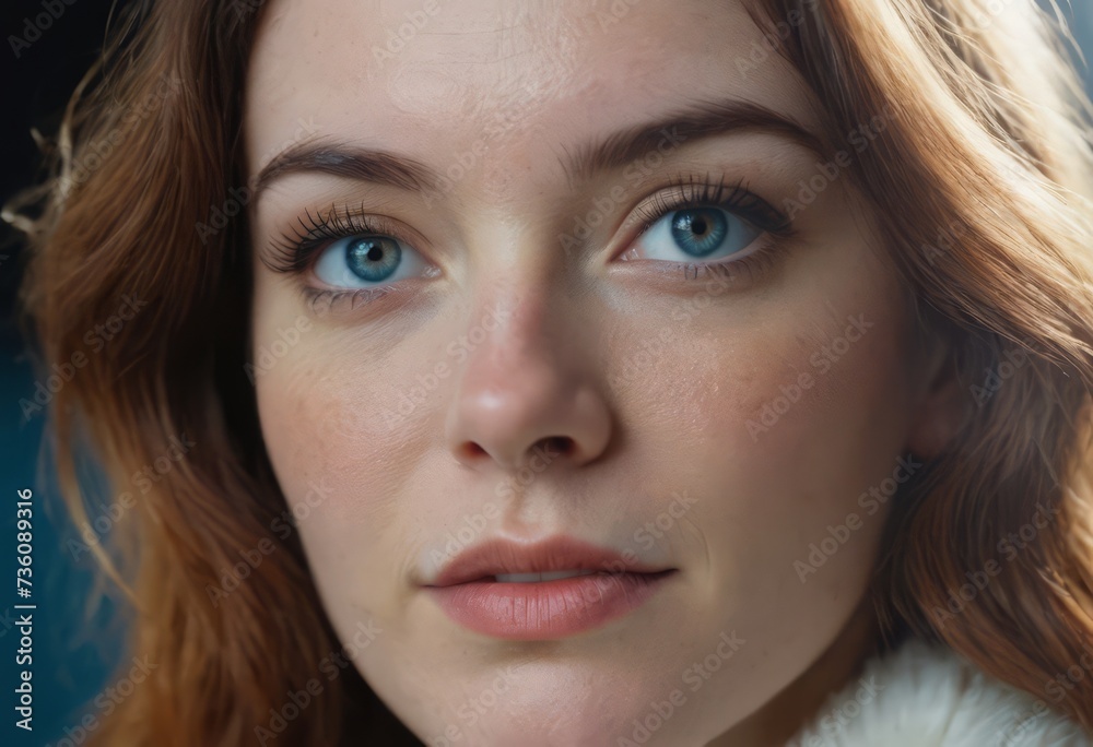Close-up macro portrait of a female face. A woman with open blue eyes and daytime cosmetic makeup. A girl with perfect skin and freckles. Close-up macro portrait of a female face. A woman with open blue eyes and daytime cosmetic makeup. A girl with perfect skin and freckles.
