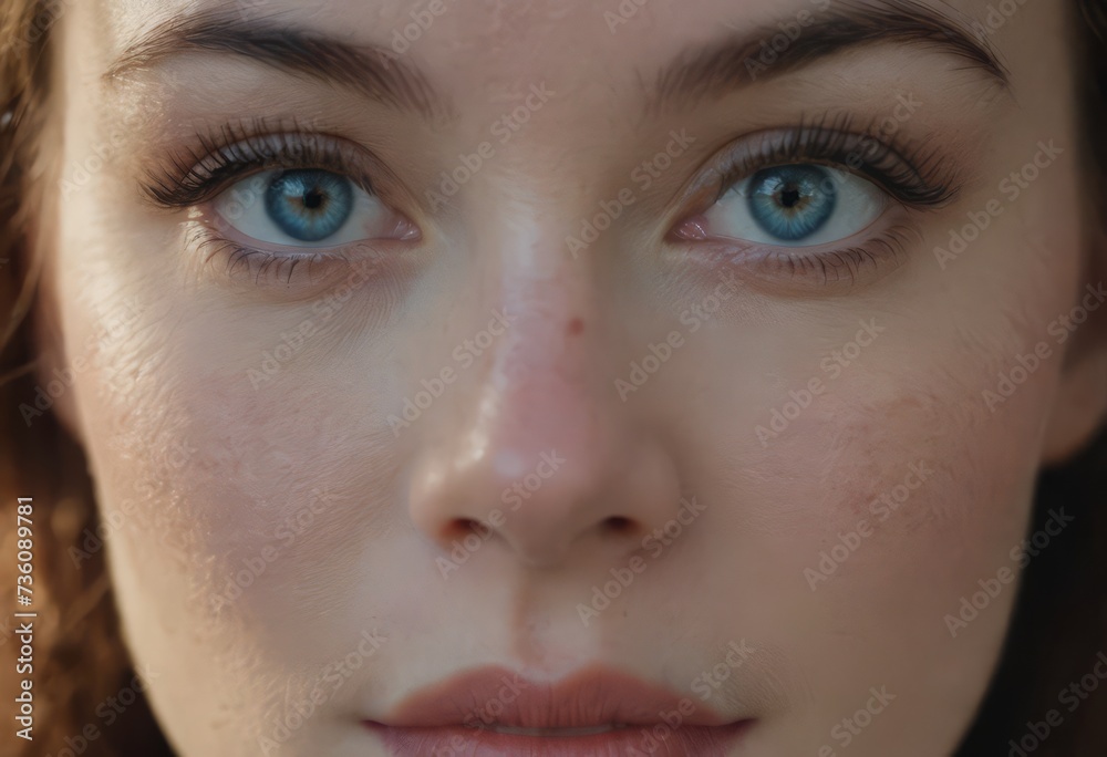 Close-up macro portrait of a female face. A woman with open blue eyes and daytime cosmetic makeup. A girl with perfect skin and freckles. Close-up macro portrait of a female face. A woman with open blue eyes and daytime cosmetic makeup. A girl with perfect skin and freckles.