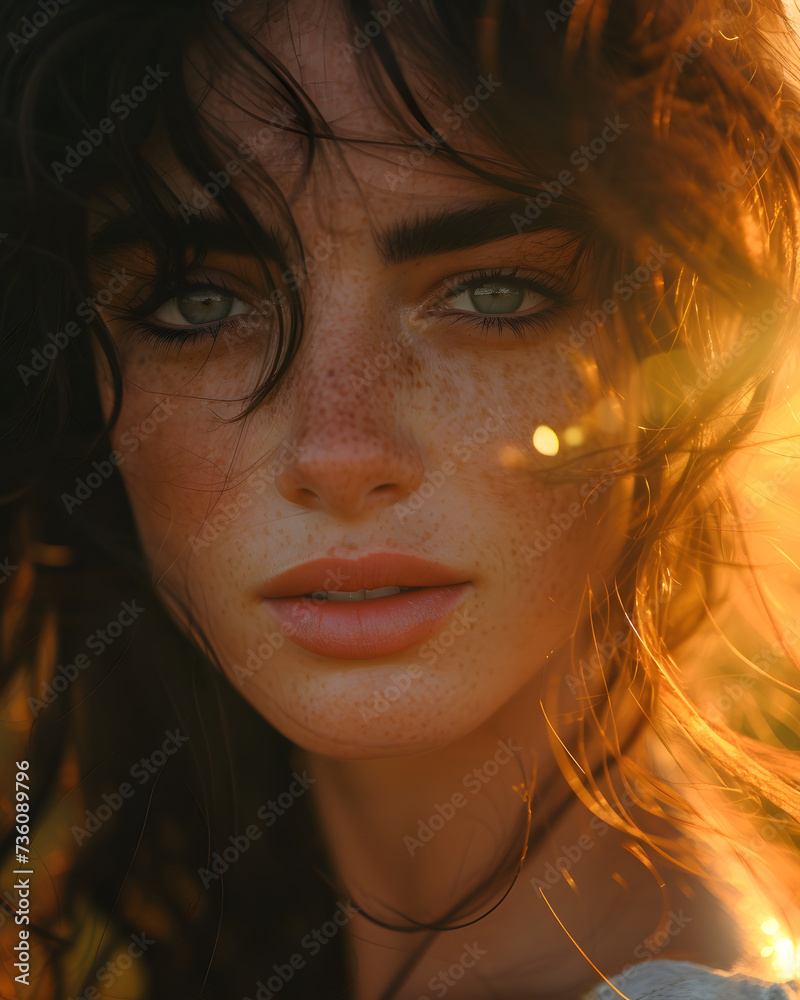 Beauty Romantic Girl Outdoors enjoying nature. Beautiful brunette model with waving glow hair.Sun light on sunset.Warm toned art work.Close up Portrait of romantic freckled female . Beauty Romantic Girl Outdoors enjoying nature. Beautiful brunette model with waving glow hair.Sun light on sunset.Warm toned art work.Close up Portrait of romantic freckled female .