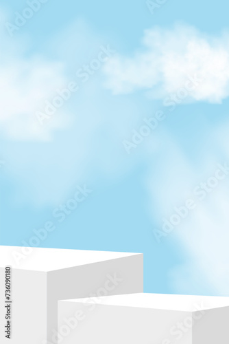 Sky Blue and Cloud with White Podium Step,Platform 3d Mockup Display Step for Summer Cosmetic Product Presentation for Sale,Promotion,Web online,Scene Nature Spring Sky with Building wall