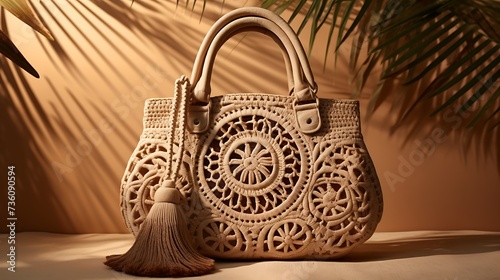 A boho-chic macramÃ© handbag for women, intricate craftsmanship, and a handwoven macramÃ© design, mockup, displayed on a matte clay background
