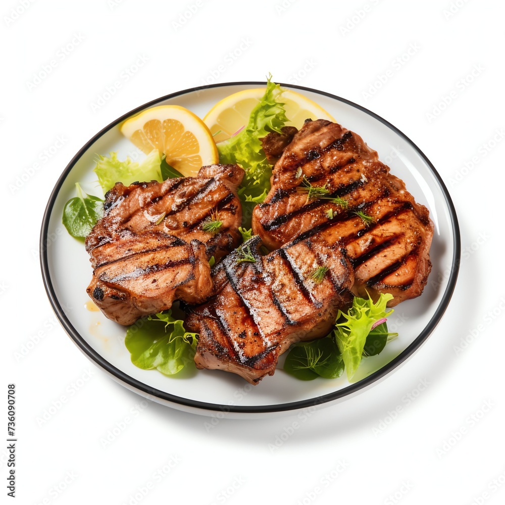 a Grilled pork with salad and lemon on plate, studio light , isolated on white background