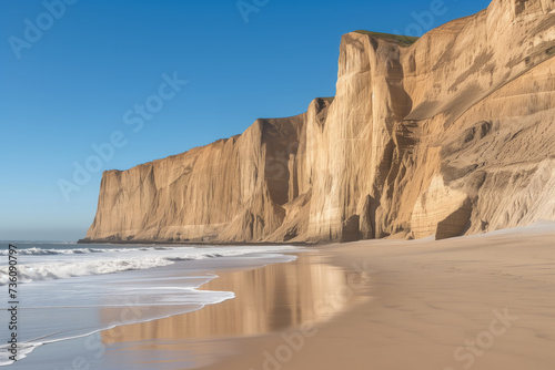 A beach with towering cliffs, gentle waves, and a clear sky