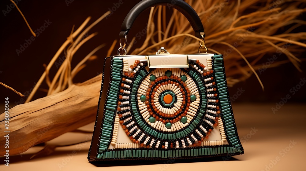 A vintage-inspired beaded handbag for women, retro craftsmanship, and intricate beadwork, mockup, set on a matte clay surface