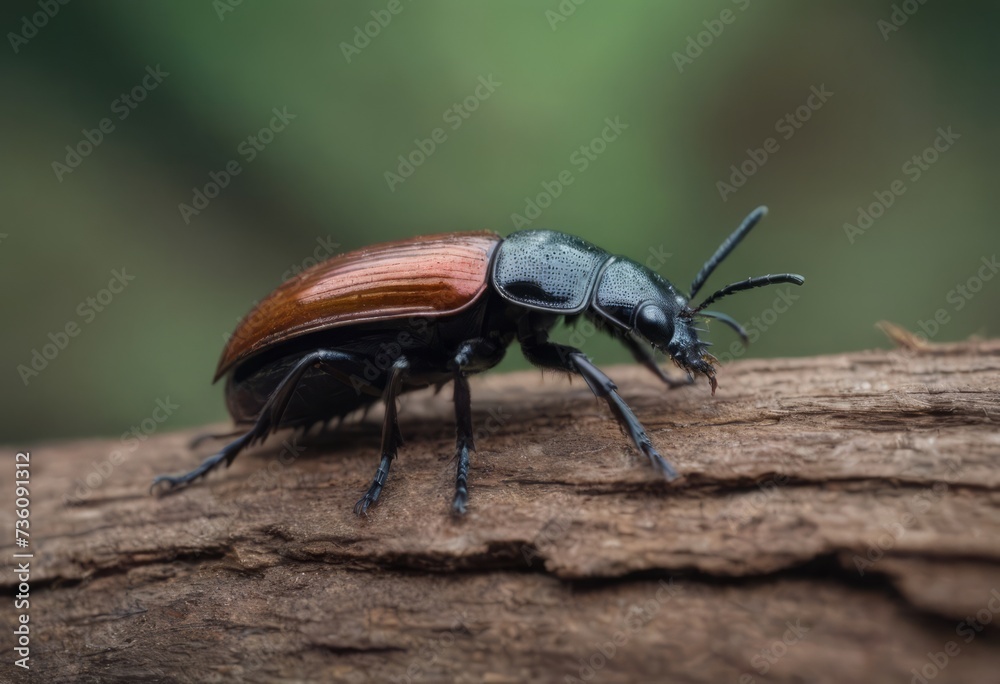 Close-up of a shiny blue beetle on a wooden surface in a forest with a blurred background Close-up of a shiny blue beetle on a wooden surface in a forest with a blurred background