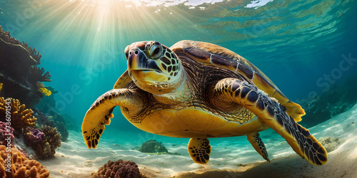 A sea turtle swims under water filled with rays of the sun among sea corals.