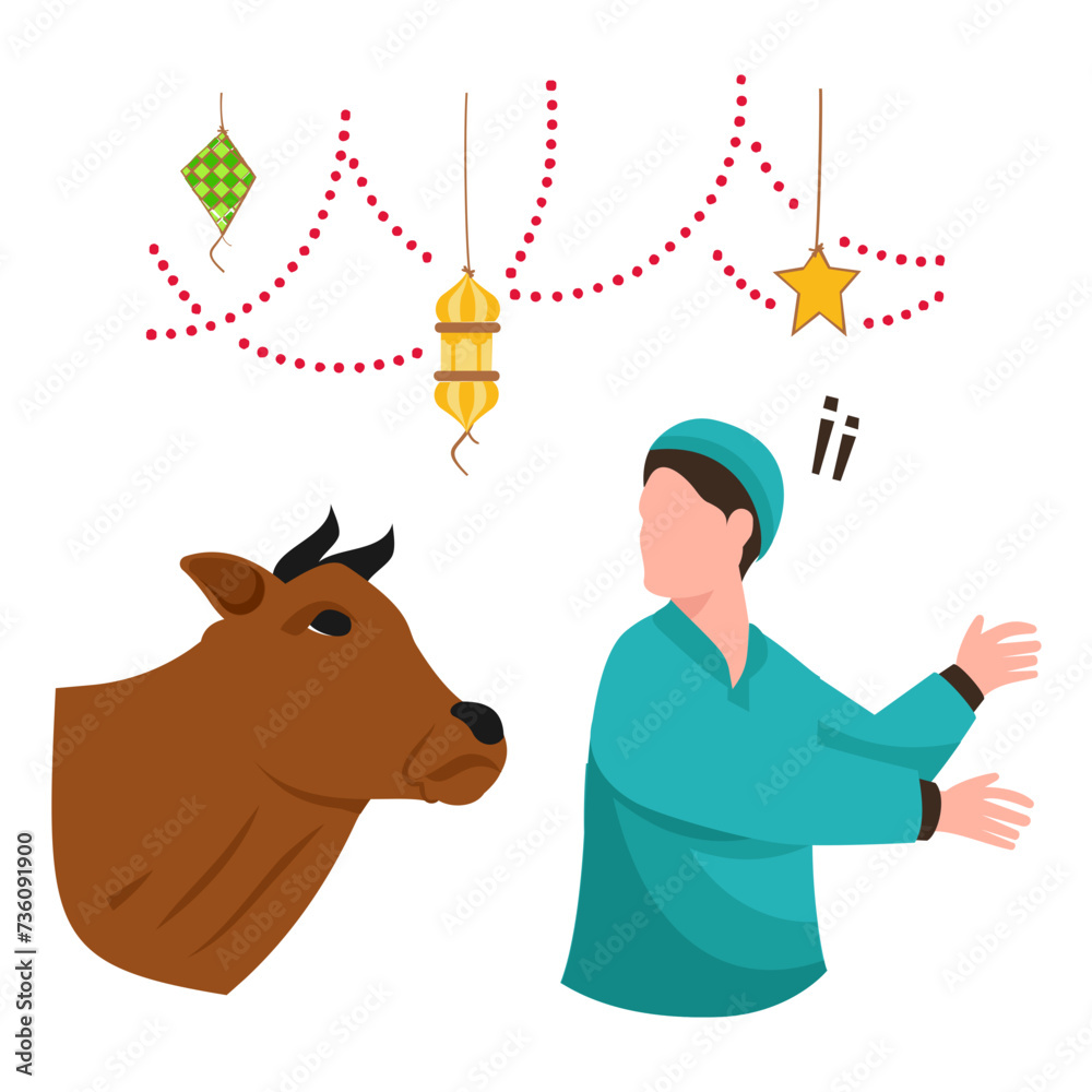 naughty boy engage in running while cow is chasing him concept, man runs away from an angry bull vector design, Eid al-Azha Eid ul Kabir Symbol Hajj Sign, Muslims religious Festival Stock illustration