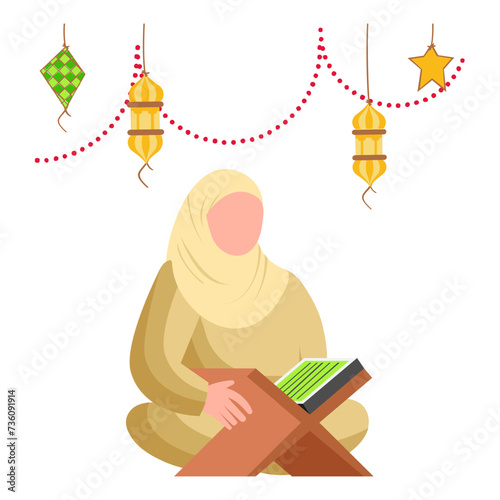 Muslim woman wearing hijab and reciting the Quran Concept,Arab Girl seeks spiritual nourishment Vector Design, Eid al-Adha Eid-ul-Kabir Symbol, Hajj Sign, Muslims religious Festival Stock illustration