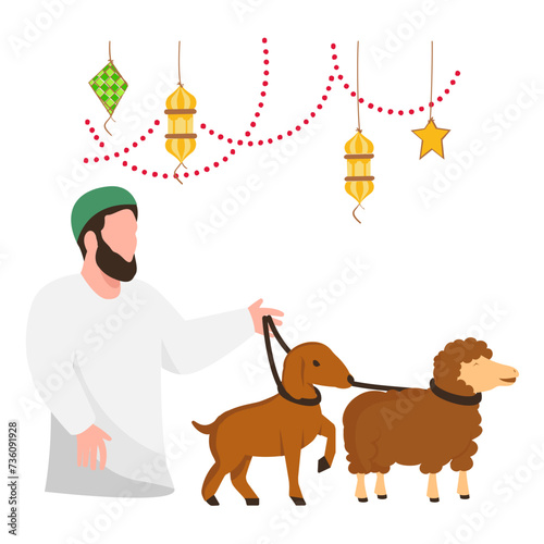 Shepherd boy with baby goat and sheep concept, Muslim Village Person grazes vector design, Eid al-Azha Eid ul Kabir Symbol, Hajj Sign, Muslims religious Festival Stock illustration