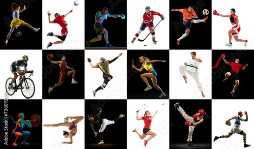 Collage made of concentrated people, men and women, athletes of different sports in motion during game over mosaic black and white background. Concept of sport, competition, tournament, dynamics