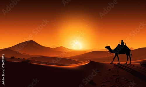 A Camel Journey Across the Majestic Desert at Sunset