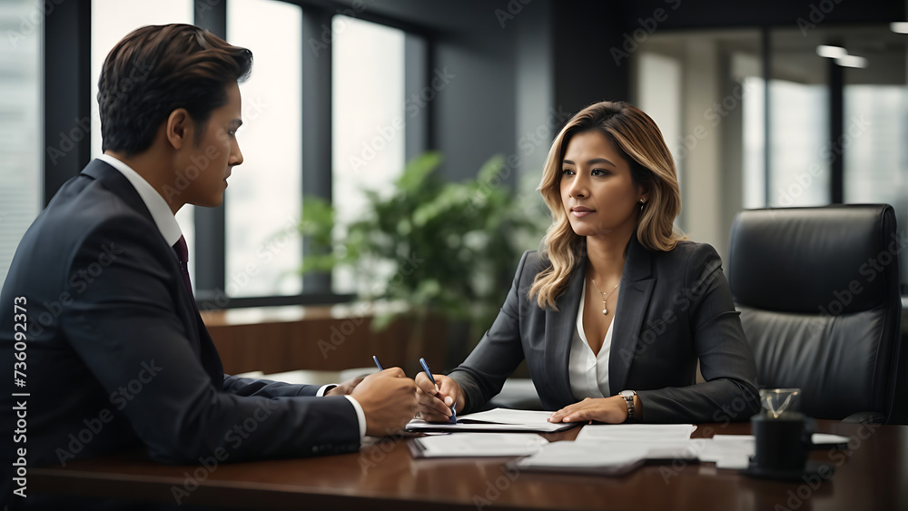 Man and woman wearing black suits working together in the office, business company concept Man and woman wearing black suits working together in the office, business company concept