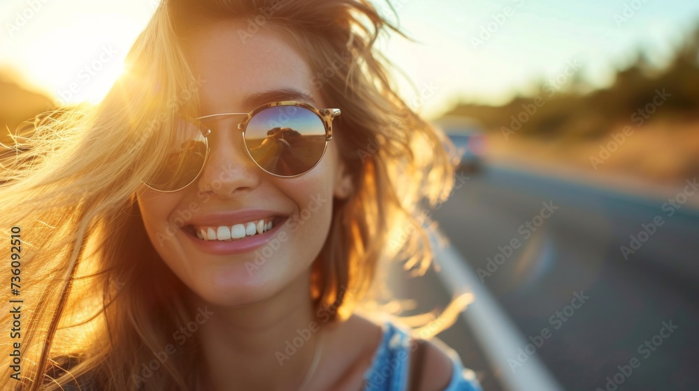 Beautiful young woman posing on road over picturesque landscape. Beautiful young woman posing on road over picturesque landscape.