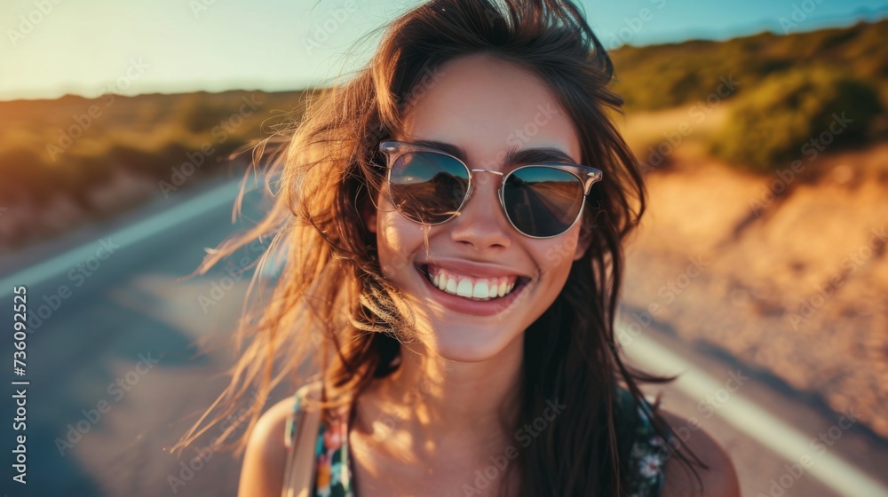 Beautiful young woman posing on road over picturesque landscape. Beautiful young woman posing on road over picturesque landscape.