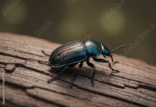 Close-up of a shiny blue beetle on a wooden surface in a forest with a blurred background © Алексей Ковалев