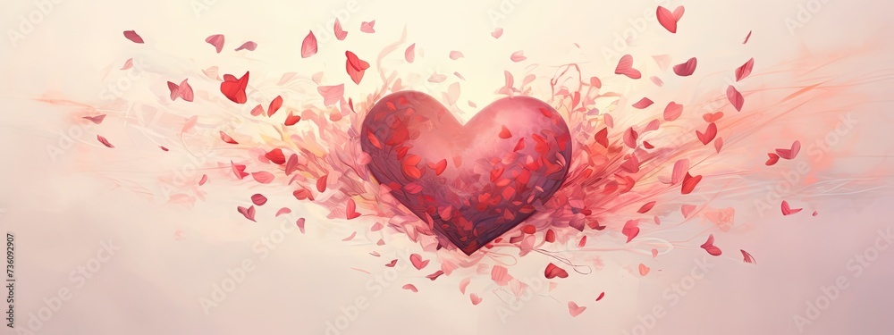 a red heart with petals falling next to it, pastel colour