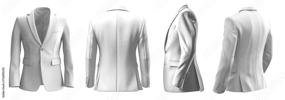 Set of white, front back side view, business collar suit blazer jacket coat on transparent background cutout, PNG file. Mockup template for artwork graphic design Set of white, front back side view, business collar suit blazer jacket coat on transparent background cutout, PNG file. Mockup template for artwork graphic design