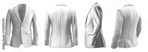 Set of white, front back side view, business collar suit blazer jacket coat on transparent background cutout, PNG file. Mockup template for artwork graphic design photo