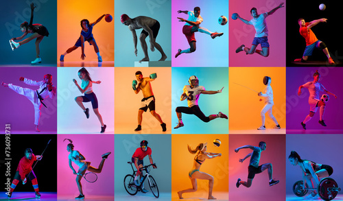 Collage made of young people, men and women, athletes of different sports in motion against multicolored background in neon light. Concept of professional sport, competition, tournament, dynamics