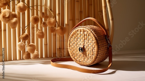 A chic rattan crossbody bag for women, artisanal craftsmanship, and a woven strap, mockup, placed on a matte clay background