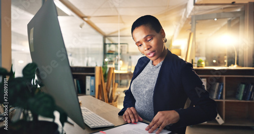 Foto Business woman, computer and typing with document at a desk for data entry in an office
