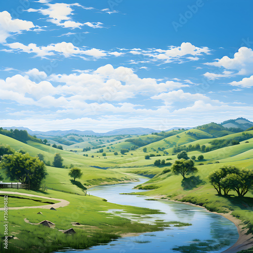 Spectacular Panorama of Verdant Hills Alongside a Serene River in Full Bloom Under a Blue Sky © Della