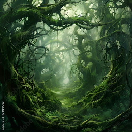 Fantasy dark forest with old spooky trees and fog. Halloween background