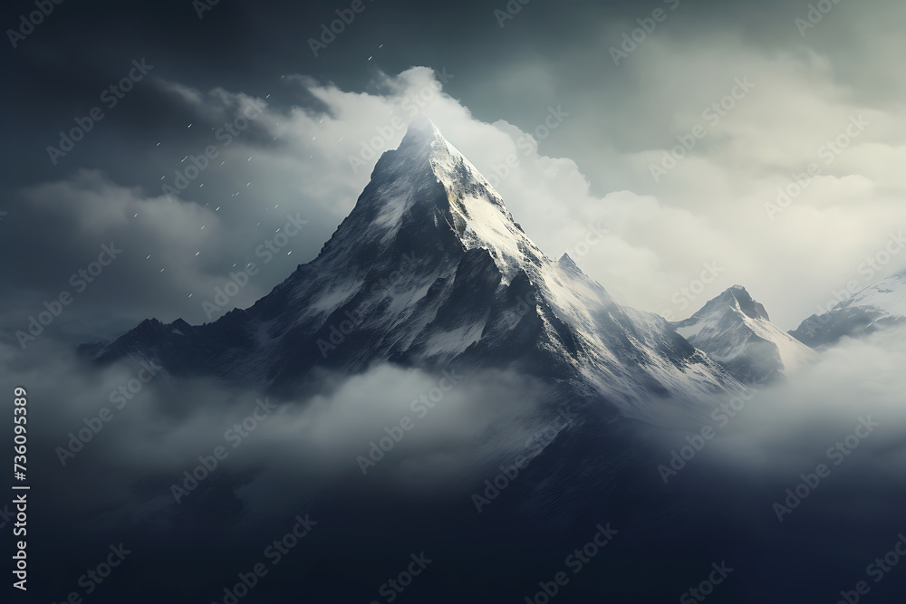 Snowy mountain peak in the clouds. Elements of this image furnished by NASA
