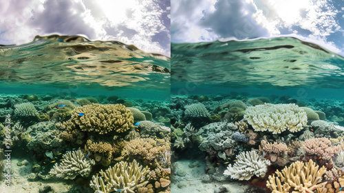 The contrast between a healthy coral reef and a bleached one due to warming oceans from climate change and global warming. Before and after shot