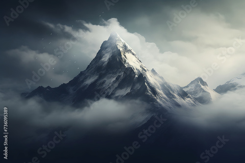 Snowy mountain peak in the clouds. Elements of this image furnished by NASA