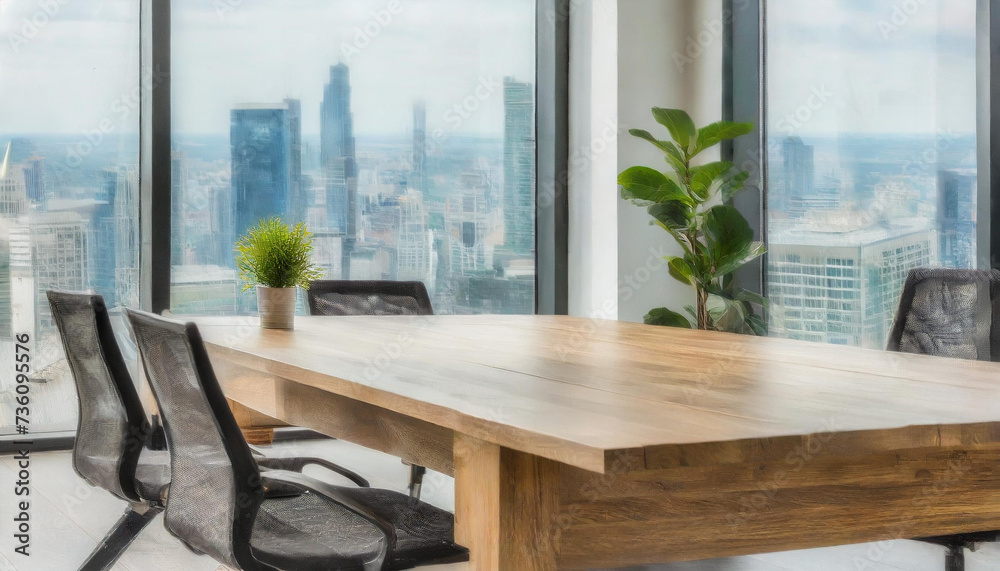 Interior of modern office meeting room 3D rendering.There are wooden and glass walls, there is a long wooden table Interior of modern office meeting room 3D rendering.There are wooden and glass walls, there is a long wooden table