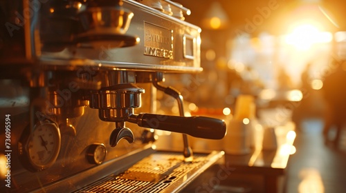 The nostalgic charm of a retro café during the golden hour with a close-up shot of an espresso machine. Generate AI.