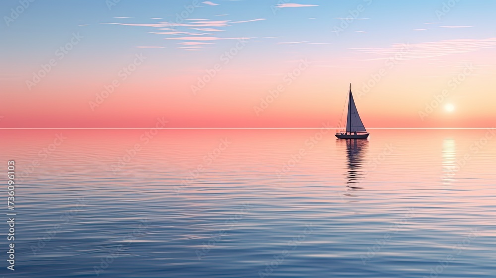 A serene seascape, with the soft hues of the setting sun reflecting off the calm, crystal-clear waters