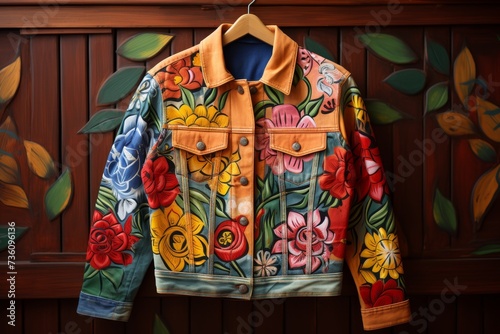 A vibrant jacket hangs gracefully on a wooden wall, showcasing its colorful design. © nnattalli