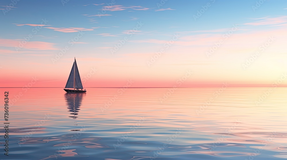 A serene seascape, with the soft hues of the setting sun reflecting off the calm, crystal-clear waters