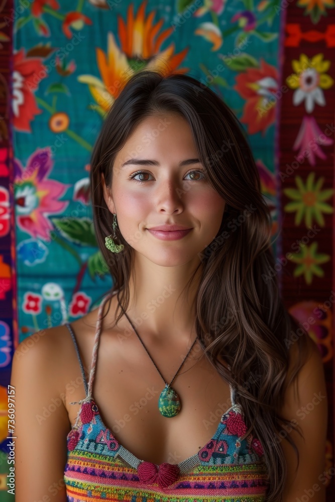A woman wearing a vibrant dress strikes a pose for a photograph. A woman wearing a vibrant dress strikes a pose for a photograph.
