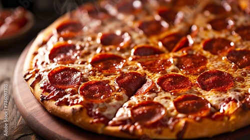 The irresistible allure of a Pepperoni pizza from a tantalizing top view. Generate AI.