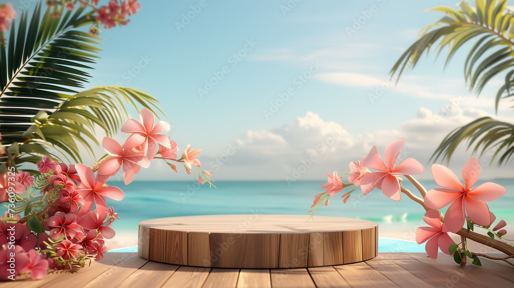 Obraz premium Summer product display on wooden podium at sea tropical beach.
