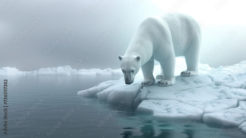 Concept shot on the shrinking habitat of polar bears due to the reduction of Arctic ice at the North Pole due to global warming and climate change