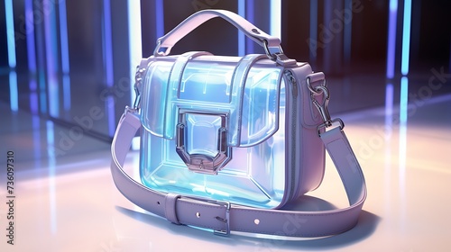 A contemporary holographic crossbody bag for women, futuristic craftsmanship, and an iridescent sheen, mockup, set against a matte clay surface