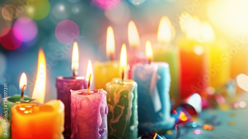 Colourful candles and blurred background with free place for text. Birthday  anniversary or event celebration banner