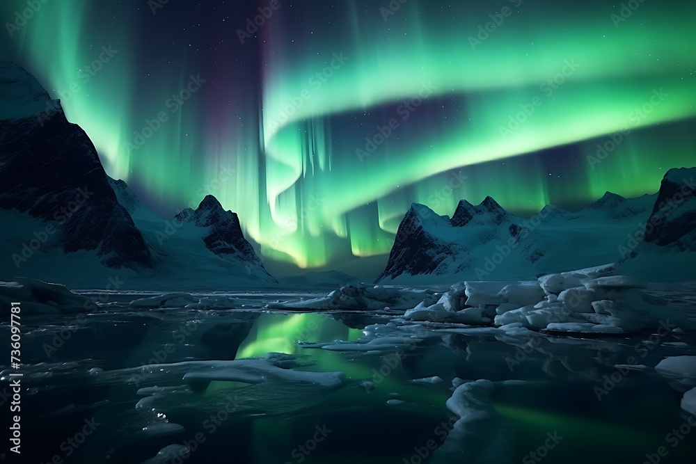 Aurora borealis, northern lights over snowy mountains in Iceland