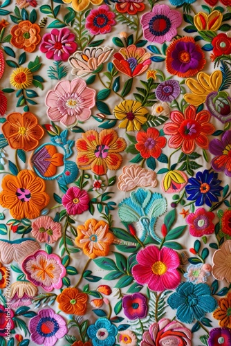 the intricate details of a colorful embroidered fabric featuring beautiful flowers