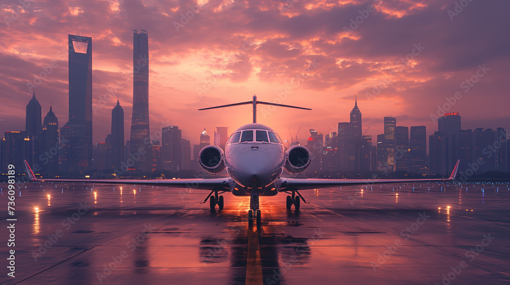 Business board against the backdrop of a colorful sky and city at sunset. Landscape with a passenger plane, horizon. Concept of private jet, business centers and business flights. - obrazy, fototapety, plakaty 
