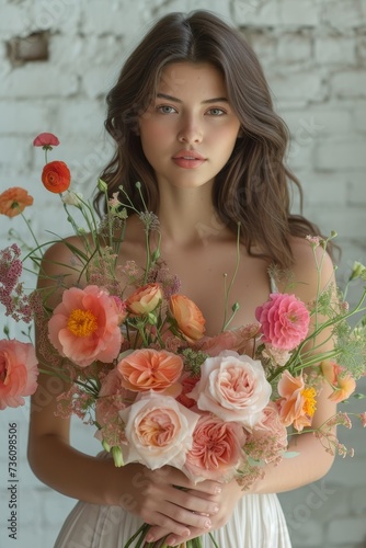 A woman gracefully holds a bouquet of flowers in her hands.