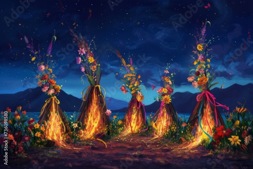 flickering bonfires decorated with bright flowers and ribbons, night starry sky, mountains. Nowruz Holiday, 21 march.  photo
