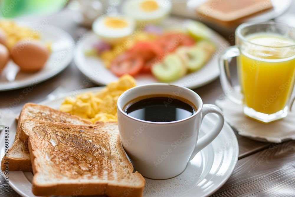 breakfast spread with coffee, toast, eggs, and juice breakfast spread with coffee, toast, eggs, and juice